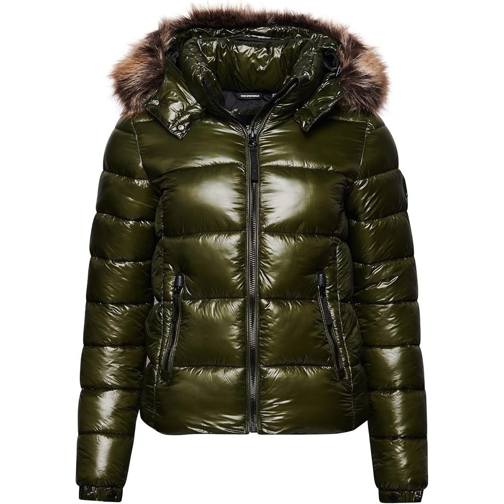 Superdry Code Sportswear High Shine Puffer Jacket Faux Fur Hood Olive Green S/10